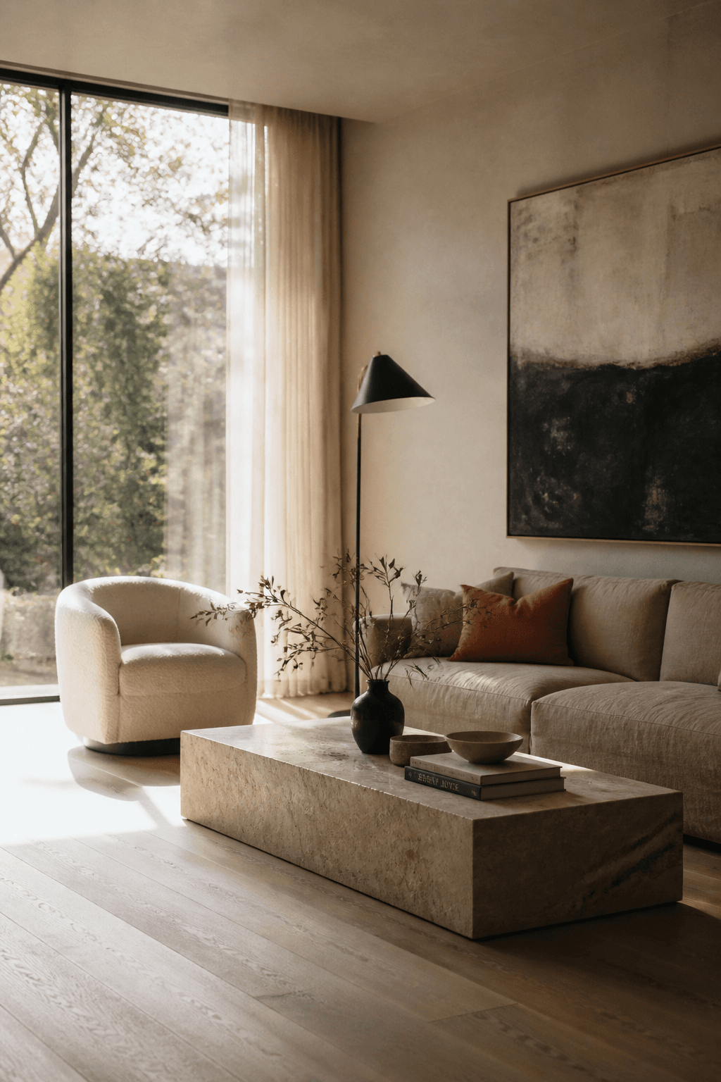 Living room with neutral palette and tall windows